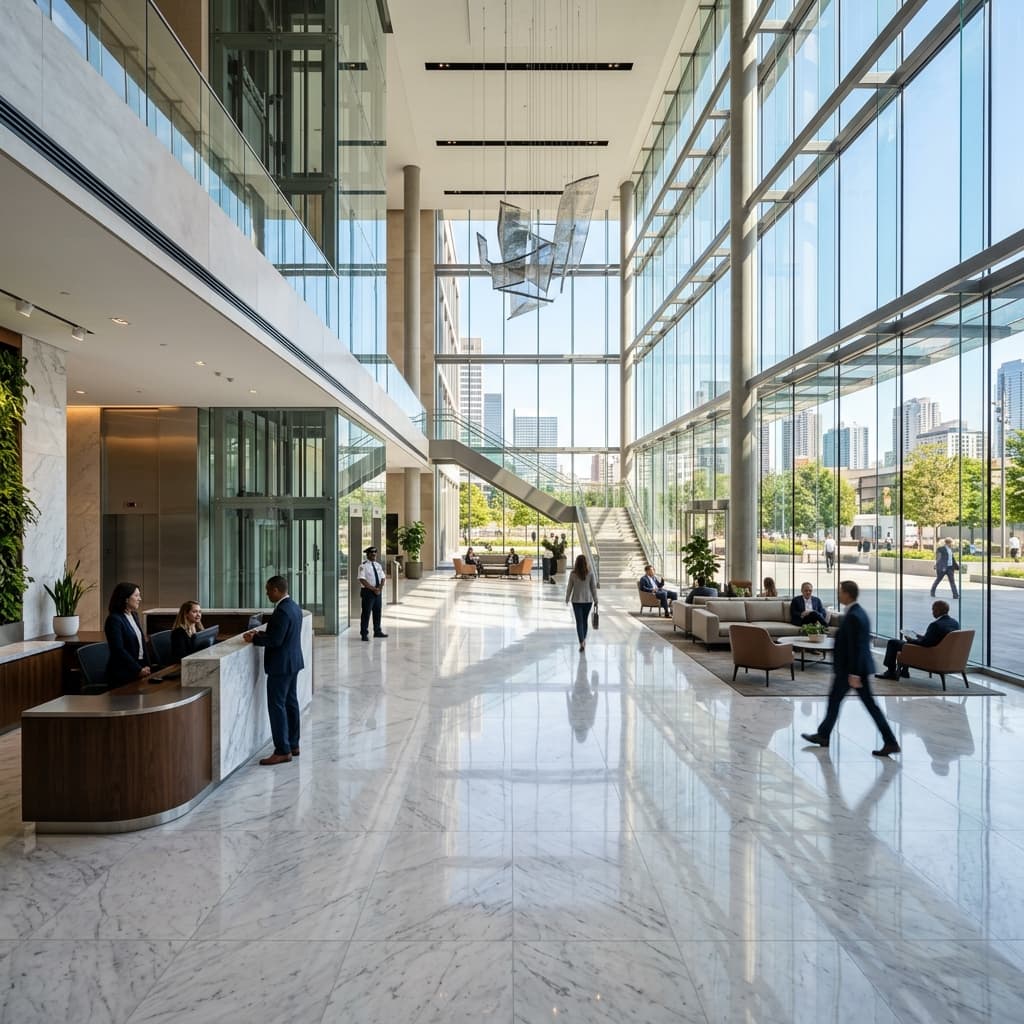 Spotless clean modern sun-drenched facility lobby